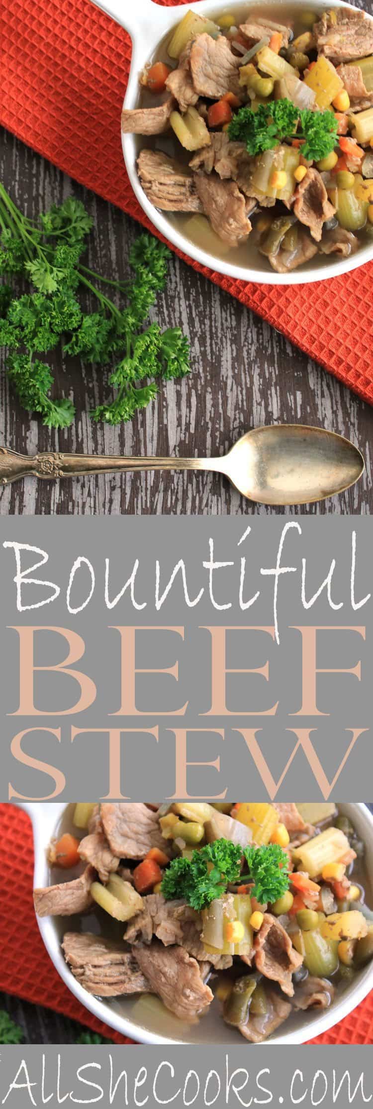 Crockpot Bountiful Beef Stew will warm you up on a cool day and is so easy to cook in the slow cooker and ready when you get home.
