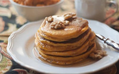 Hearty Pumpkin Pancakes Recipe from All She Cooks. Part of the Fall In Love With Fall Series at Hi! It's Jilly. #recipe #pumpkin #fall