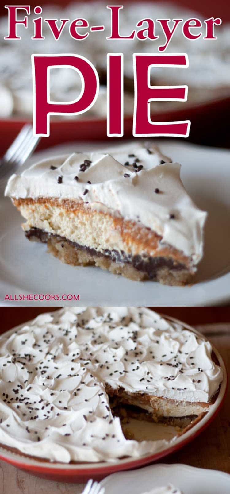 Five Layer Pie is the newest addition to my holiday dessert menu. Think pumpkin pie, chocolate pie and all kinds of sweet tastes combined. This will be a new dessert favorite.