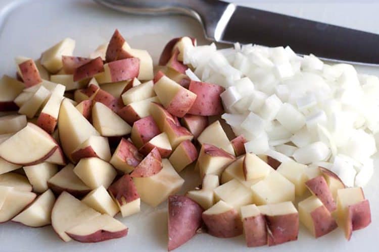 cut up red potatoes and onions