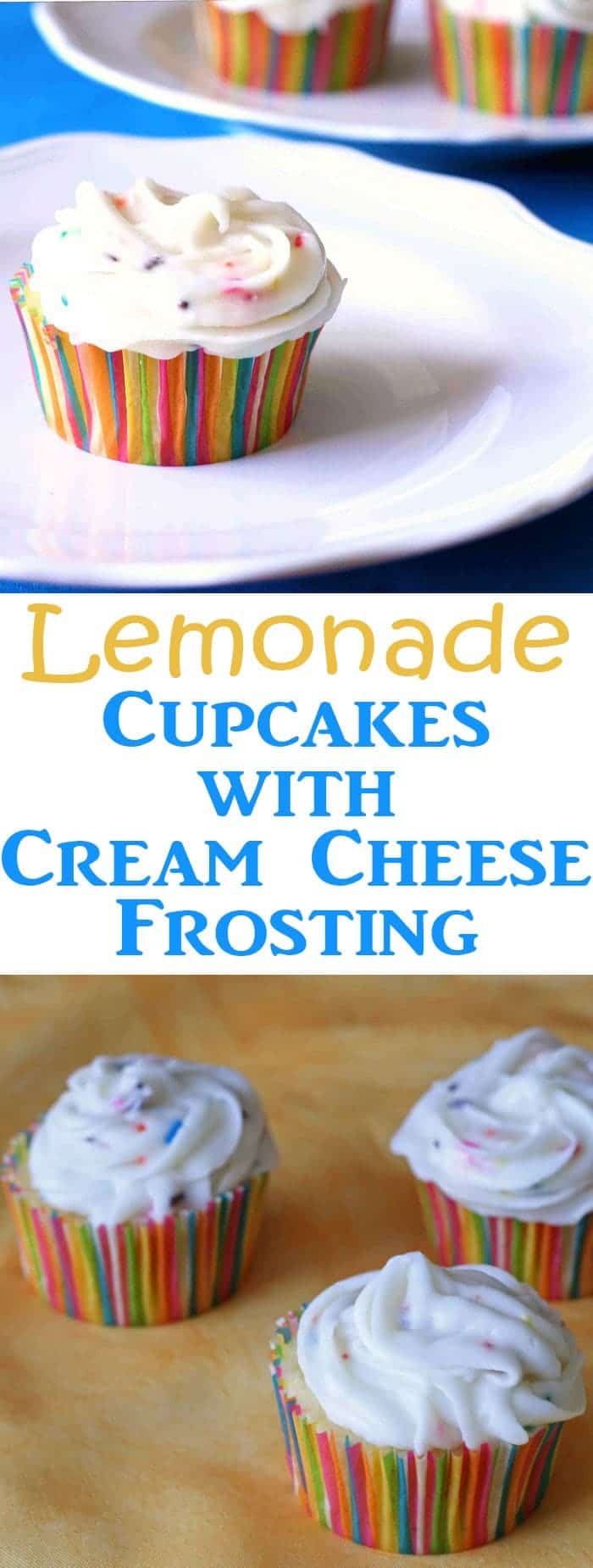 These Lemon Cupcakes with Lemonade and Cream Cheese Frosting are SO good! You might also want to call them Lemonade Cupcakes as they get their lemony flavor from a packet of lemonade drink mix. An easy cupcake recipe! #cupcake #cupcakerecipe #lemoncupcakes #lemonadecupcakes