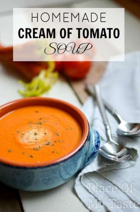 homemade tomato soup to be served alongside mushroom pasta