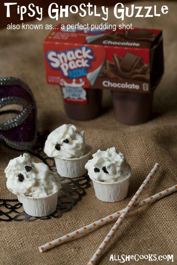 Tipsy Ghostly Guzzle Halloween pudding shots with Snack Pack chocolate pudding