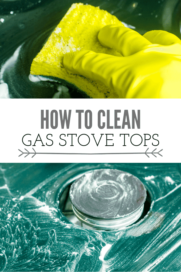 collage of gloved hand holding a scouring pad and cleaning a green gas stove top in the top photo. The bottom photo is a close up of a baking soda and water paste cleaning solution on the stovetop. In between the two photos are the words, 'how to clean gas stove tops'