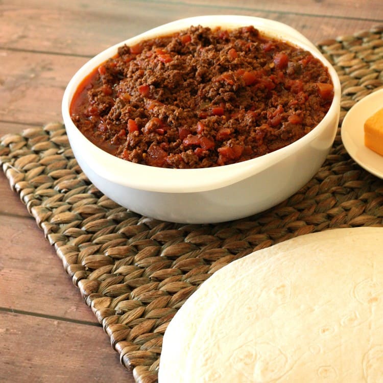 3 Ingredient Taco Meat in a white serving dish using diy taco seasoning
