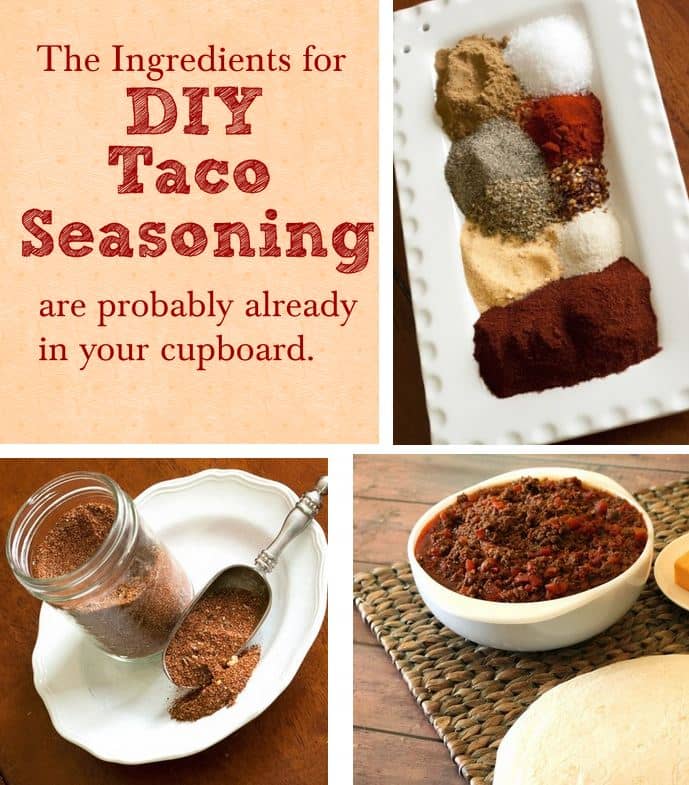 three photos of diy taco seasoning including seasoning on a plate and seasoning in a canning jar