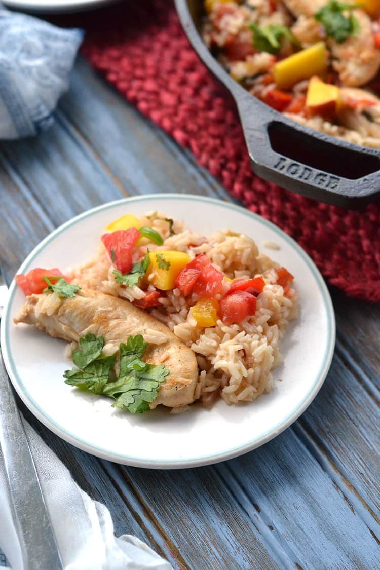 mango chicke and rice being served on a white plate