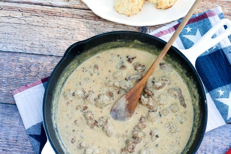 homemade sausage gravy in a skillet