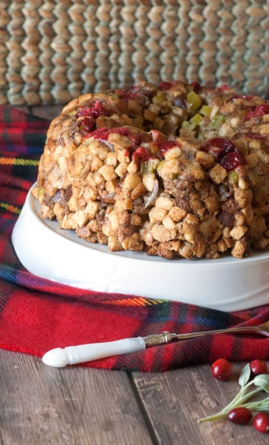 Overhead view of fresh cranberry stuffing in a decorative ring mold for Thanksgiving