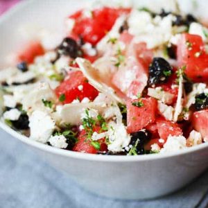 salad with watermelon, feta cheese and black olives