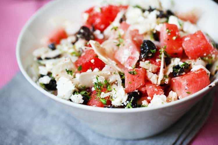 salad with watermelon, feta cheese and black olives