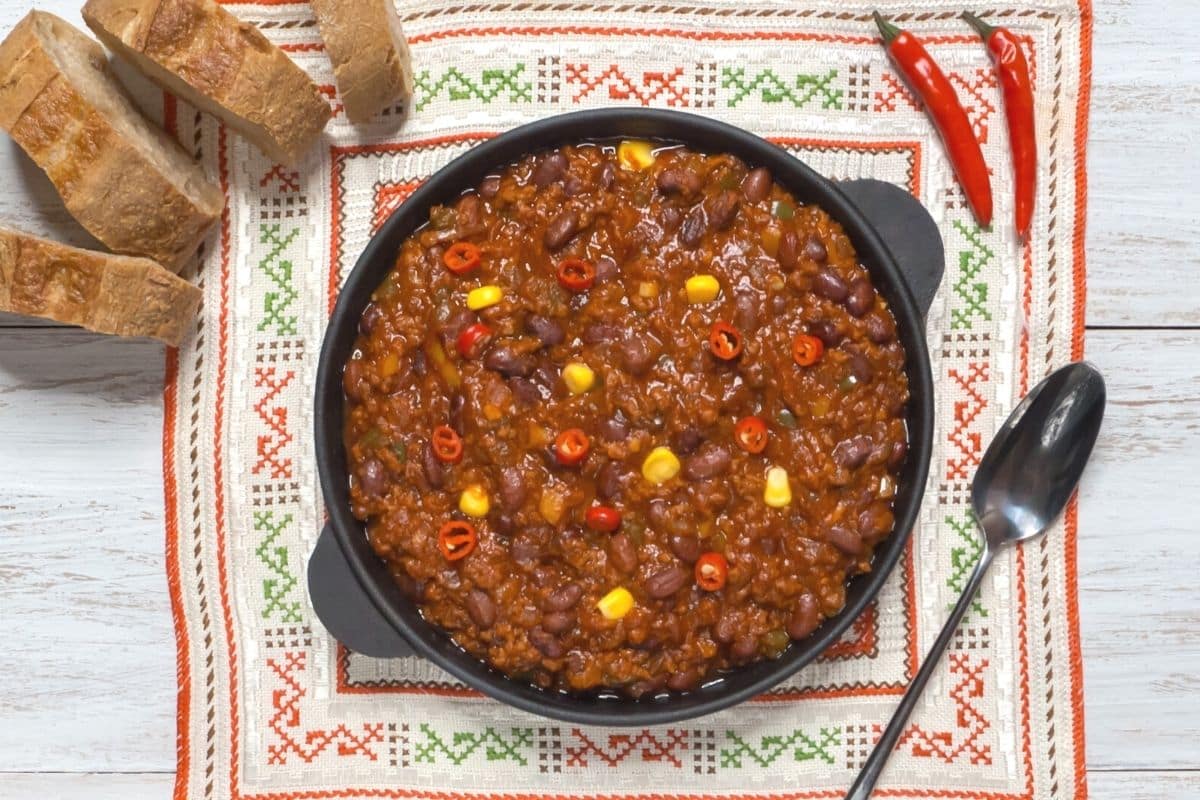 texas chili being served on a colorful placemat