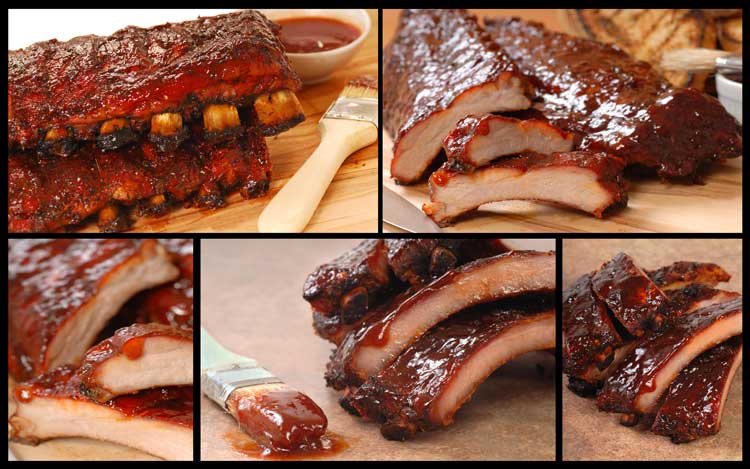 collage of bbq ribs with brush and bbq sauce