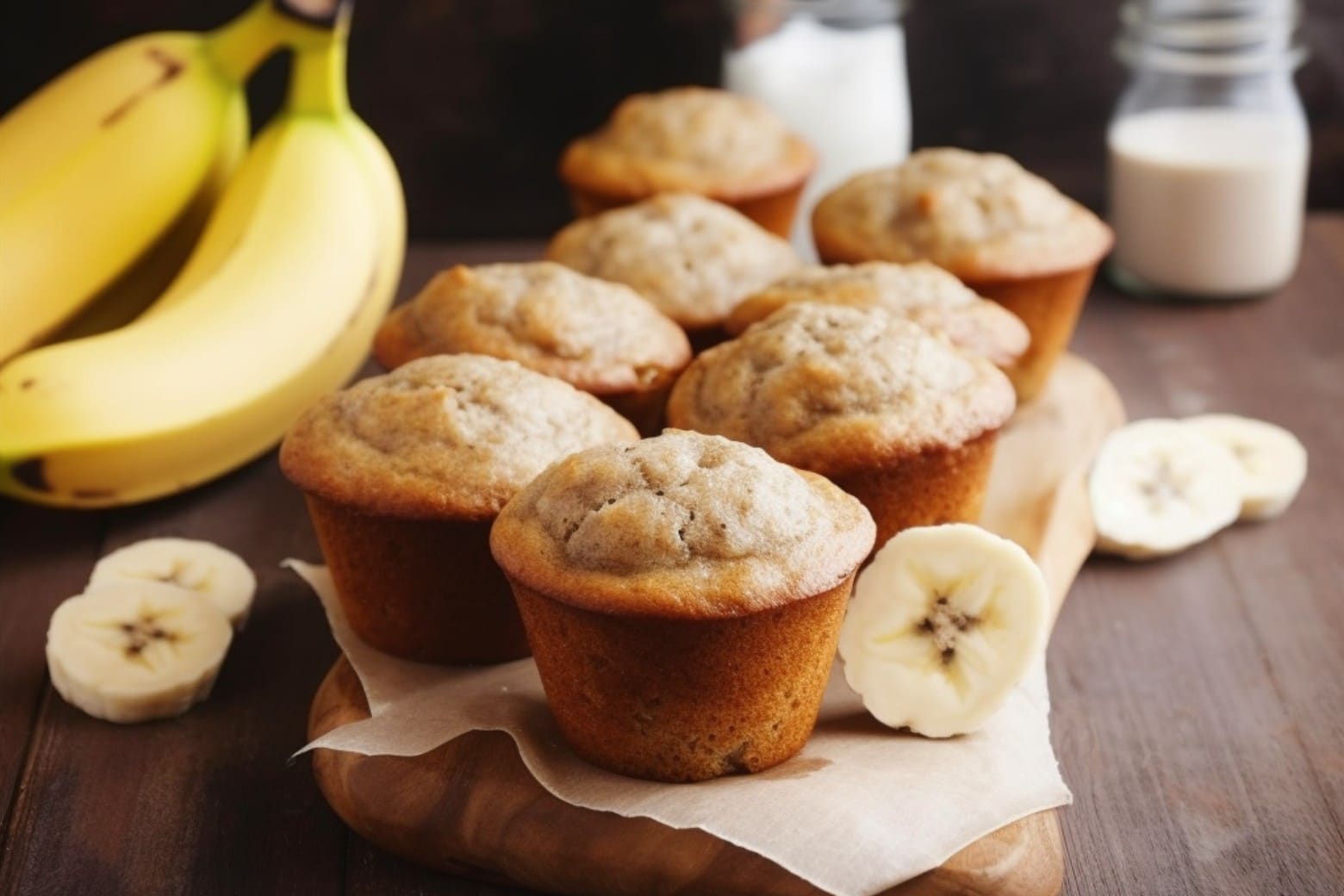 cutting board with my banana muffins, bananas, and milk