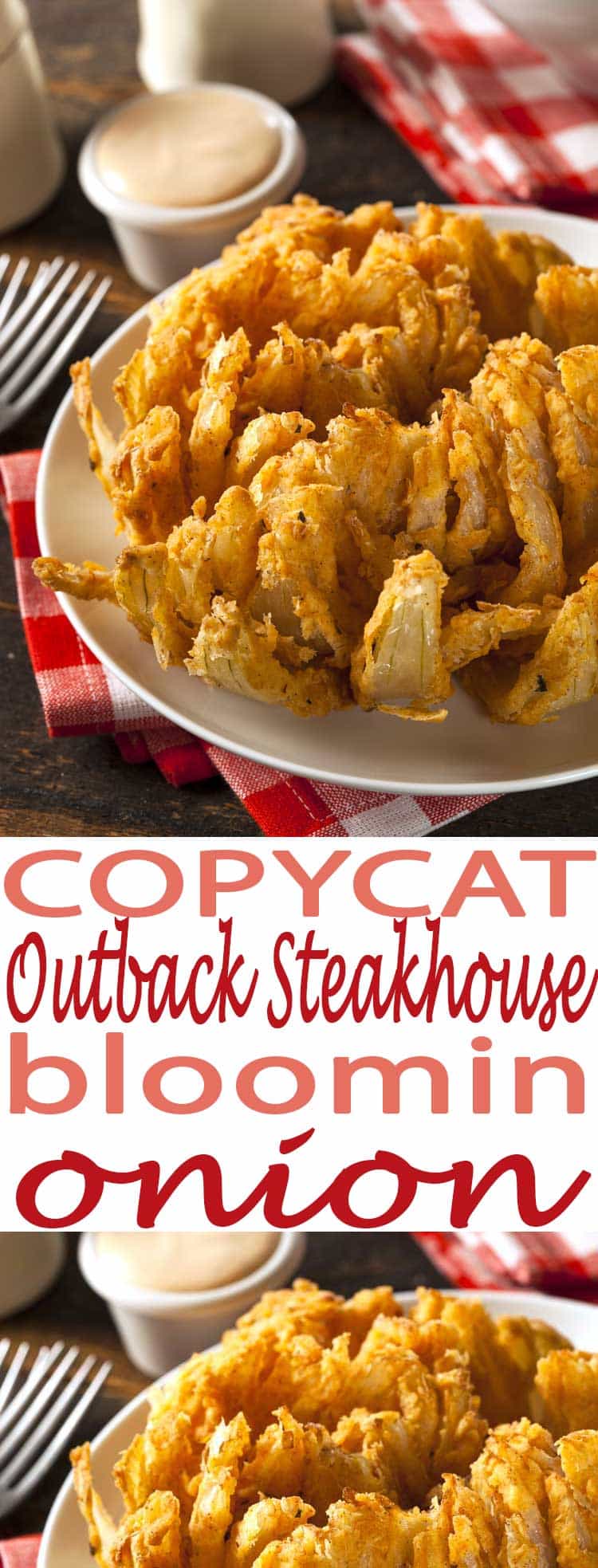 blooming onion on white plate with red gingham napkins