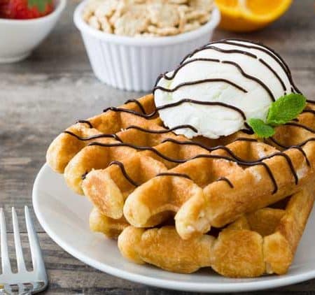 Homemade Waffles with Mint. These tasty Mint Waffles are best served with our Mint Chocolate Ganache. You can enjoy this easy waffle recipe for breakfast or make dessert waffles. Either way, you'll love them.