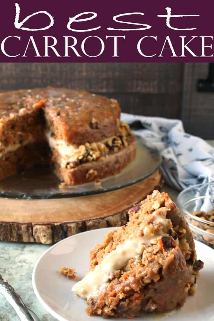 This is The BEST Carrot Cake Recipe! This is an easy, moist carrot cake that is out-of-this-world good (especially with a thick layer of cream cheese frosting!). A great dessert recipe! #carrotcake #cake #cakerecipes #dessertrecipes