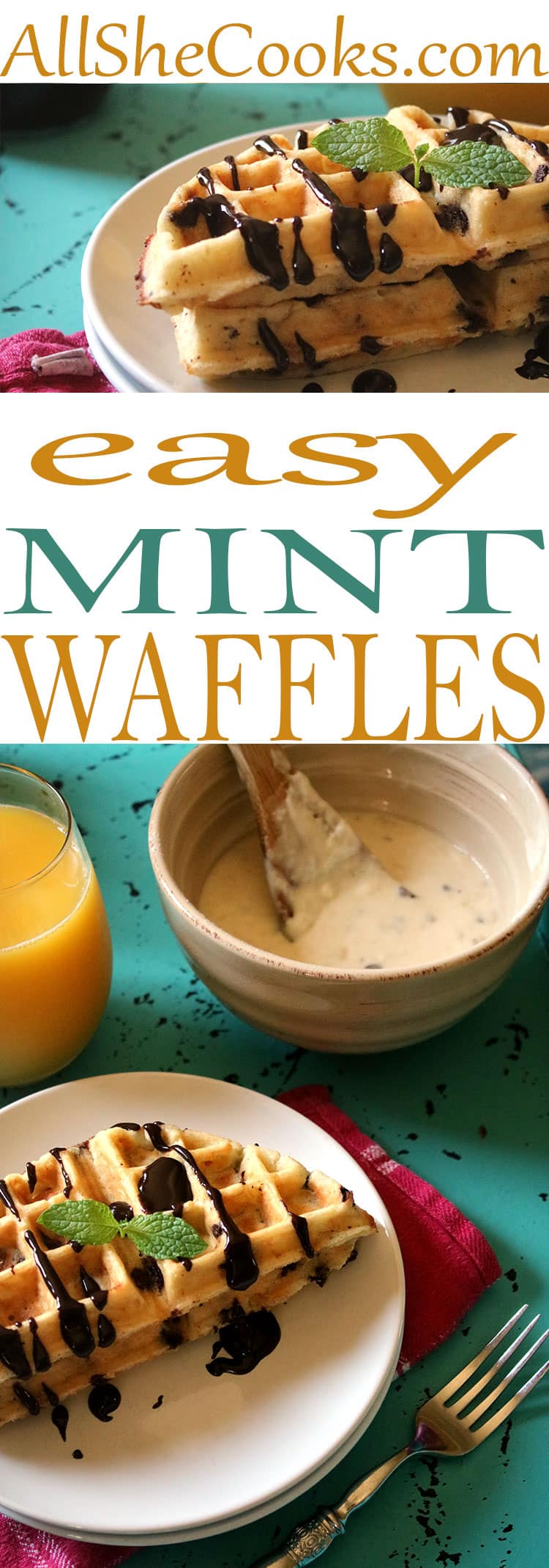These waffles are better than restaurant waffles. Mix up batter with this Homemade Mint Waffles Recipe and have breakfast on the table in no time. #waffles #mintrecipes #bananawaffles #easybreakfast #chocolate