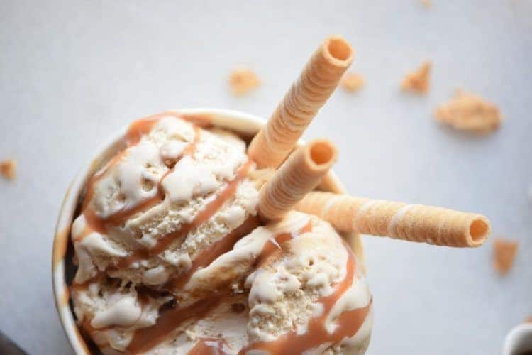 salted carmel ice cream in dish All She Cooks