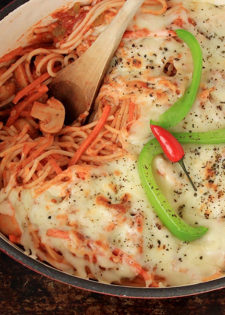 baked spaghetti in cast iron pan