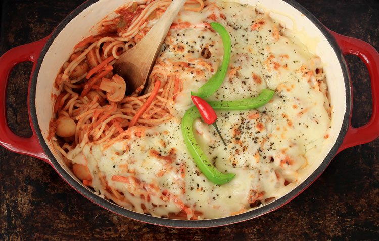 baked spaghetti in cast iron pan