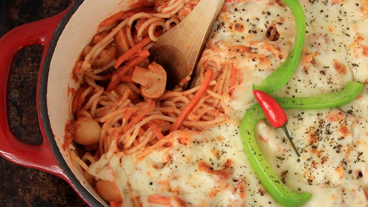 baked spaghetti in cast iron pan