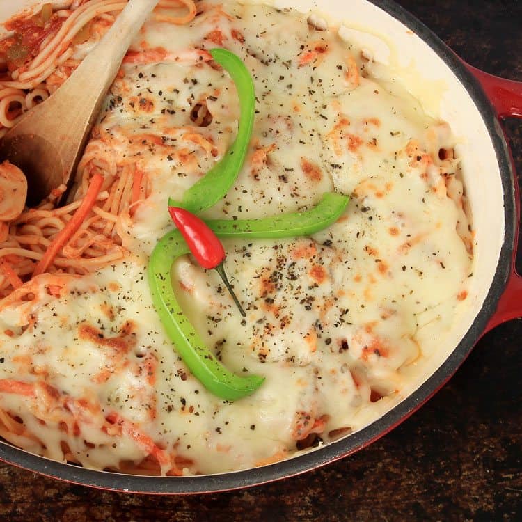 baked spaghetti in cast iron pan