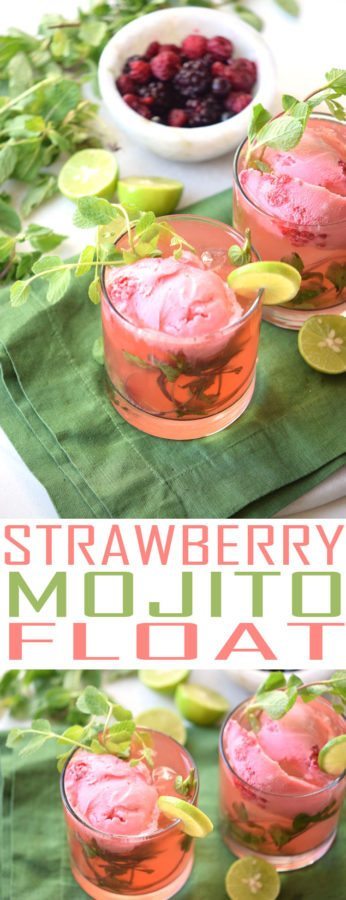 Try this fun cocktail float. This Strawberry Mojito Float is a refreshing alcoholic beverage perfect for sharing with friends or for an evening cocktail.