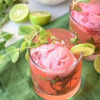 Try this fun cocktail float. This Strawberry Mojito Float is a refreshing alcoholic beverage perfect for sharing with friends or for an evening cocktail.