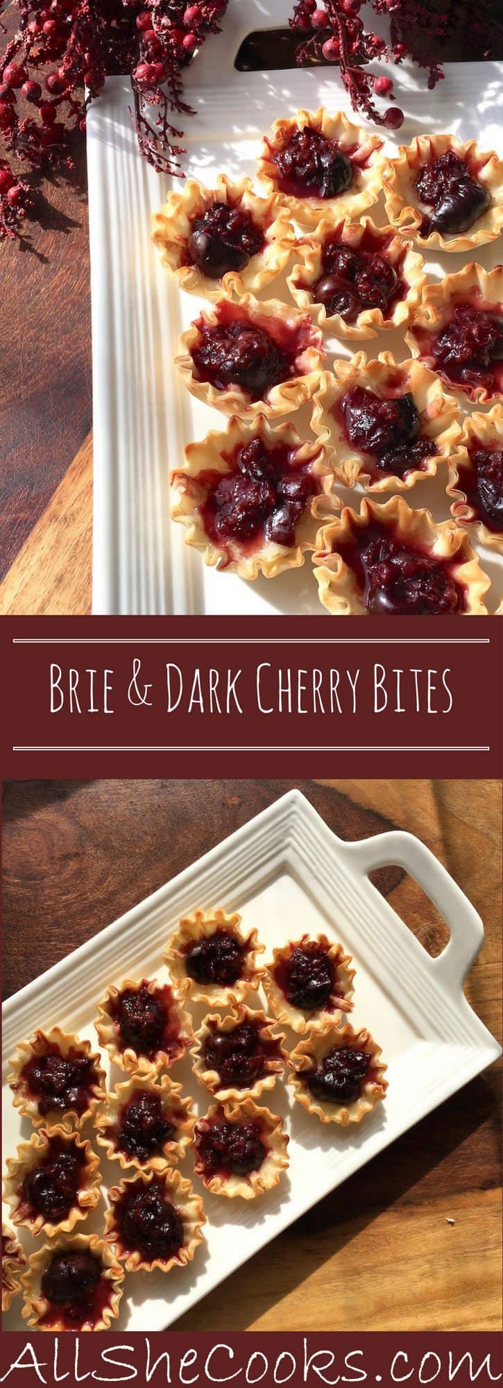 Brie & Dark Cherry Bites, a delicious appetizer phyllo appetizer recipe for a party or evening appetizers.