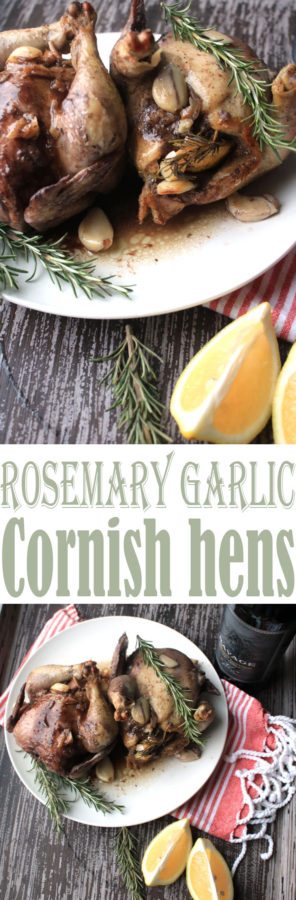 Enjoy baked Rosemary Cornish Hens for an easy dinner that looks elegant and expensive. Make this a holiday meal or even a weeknight dinner.