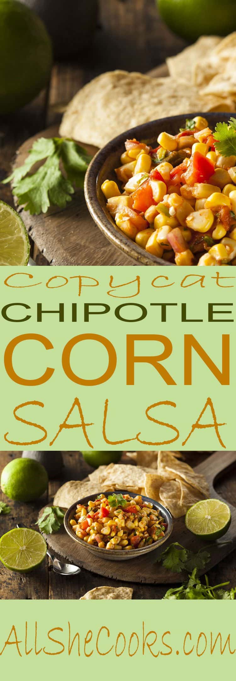 corn salsa and lime halves on rustic wood table background