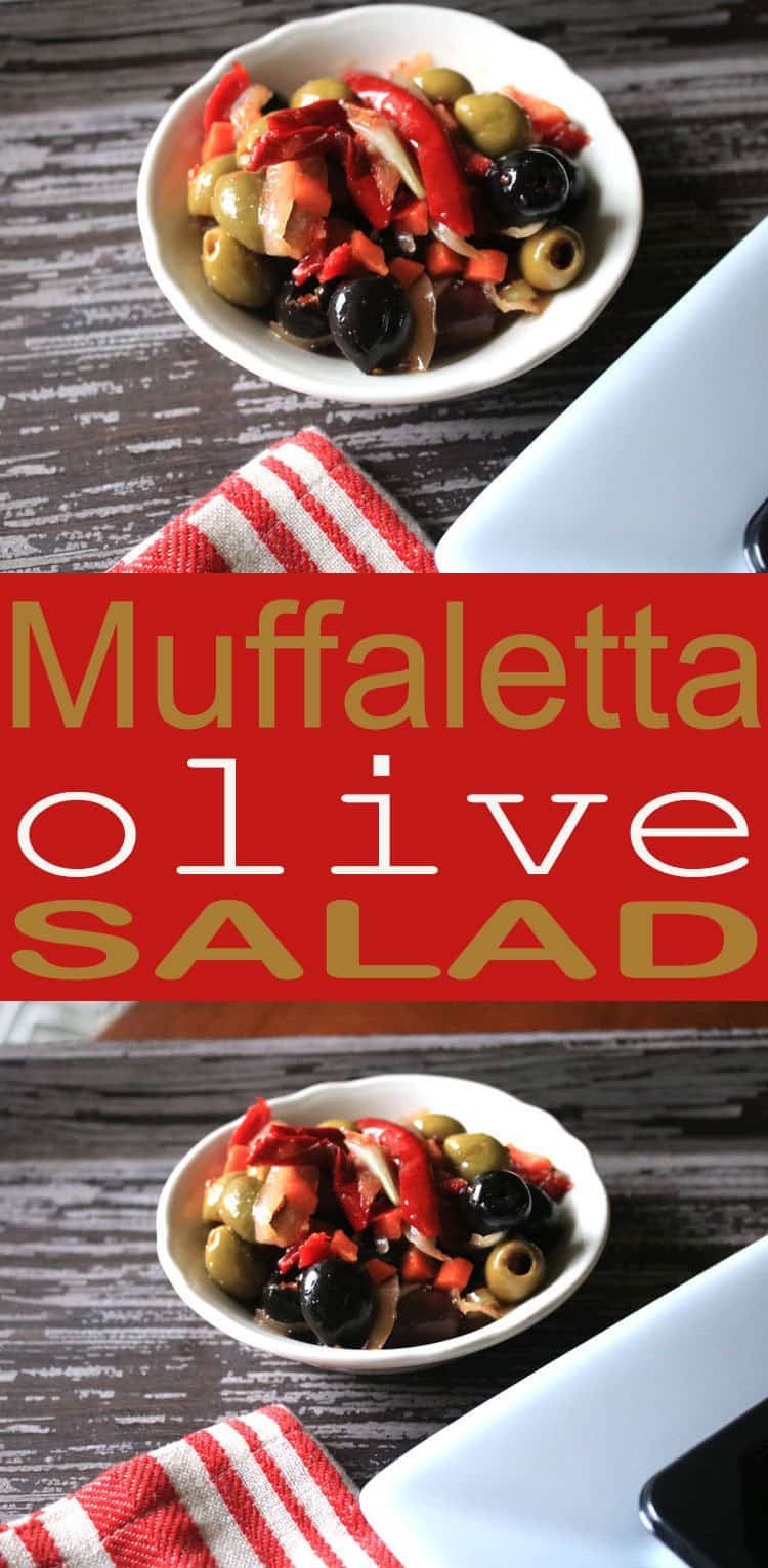 This Muffaletta Olive Salad is a delicious sandwich topping or great served as a side salad. Think of it as a relish bar recipe salad. Delicious.