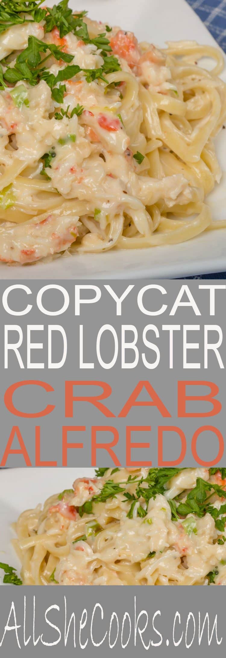 crab Alfredo on white plate