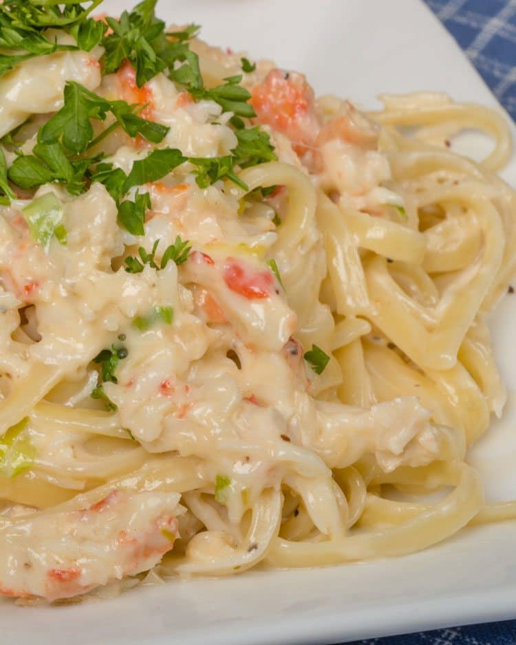 crab Alfredo on white plate