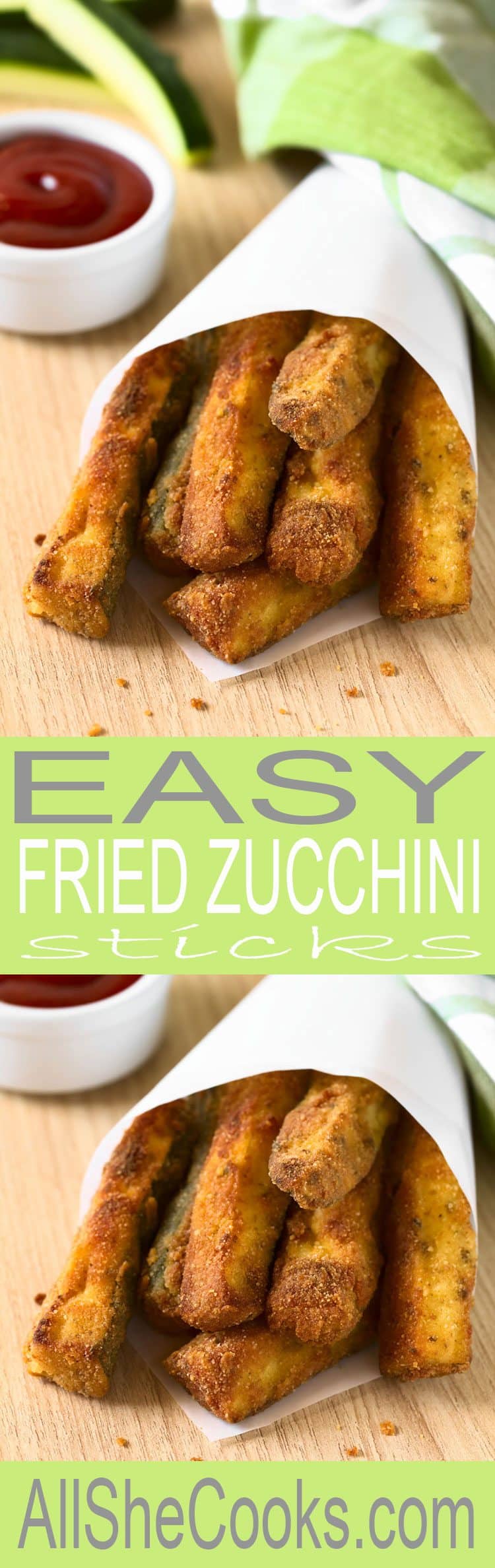 fried zucchini sticks wrapped in parchment paper with ketchup on the side