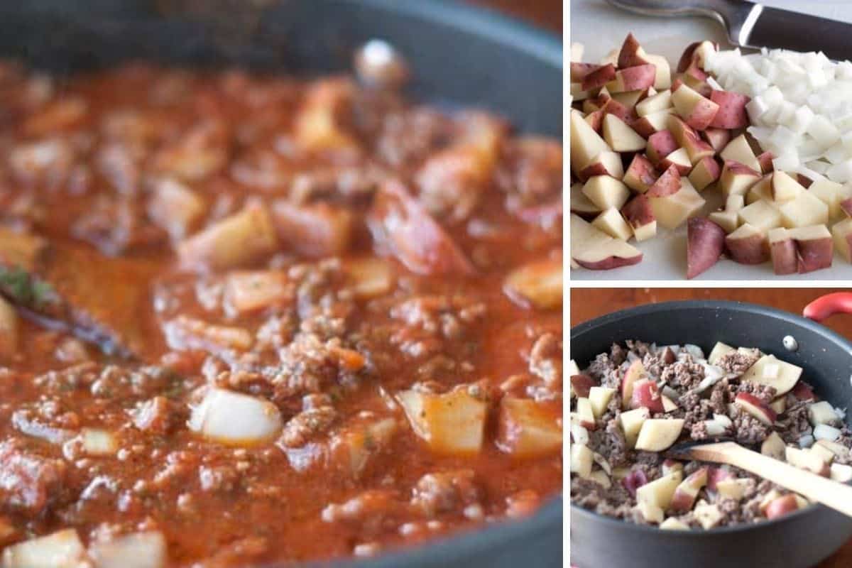 collage showing the goulash being cooked