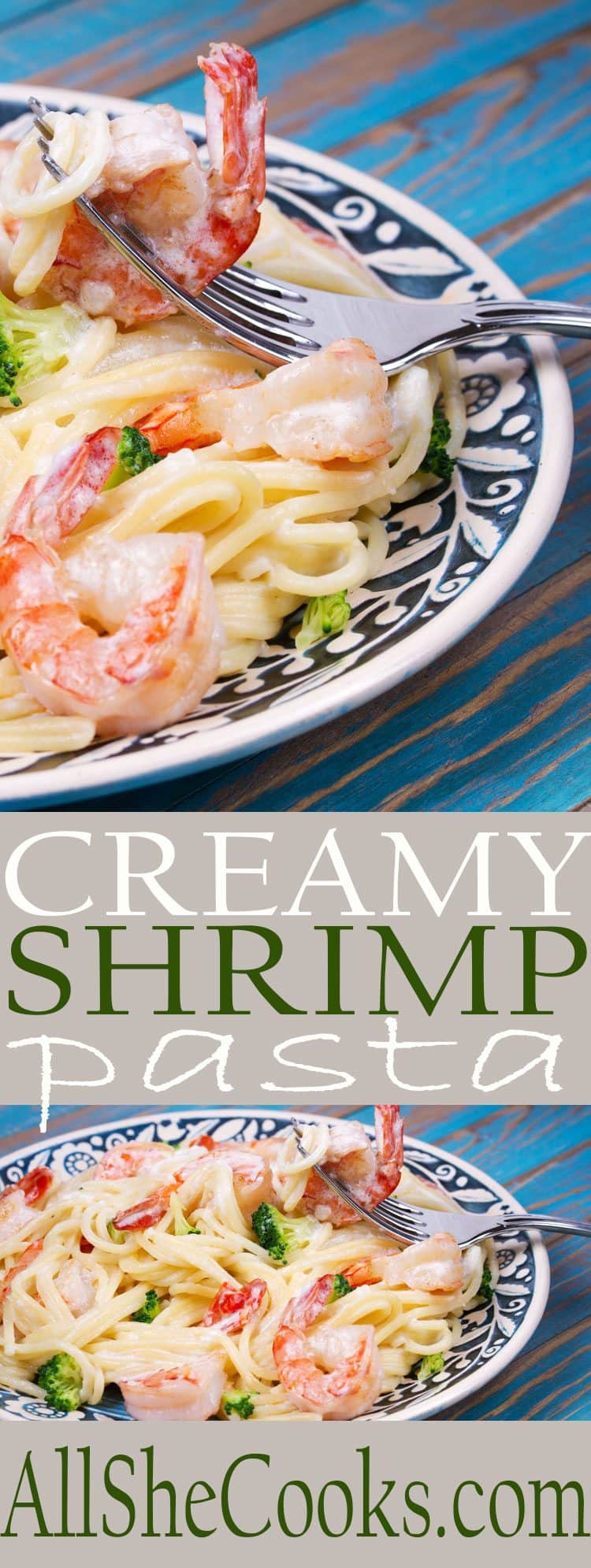 Enjoy this easy shrimp pasta recipe. Simple recipe with creamy pasta, shrimp and some broccoli. The sauce mixes up quickly and is so tasty.