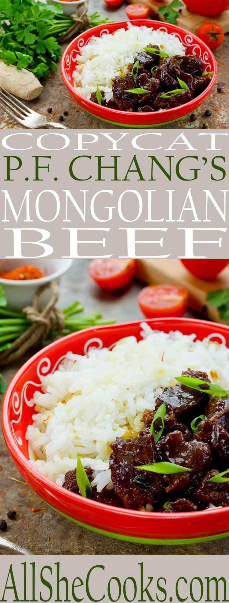 Mongolian rice with beef in red bowl with tomato and cilantro in background