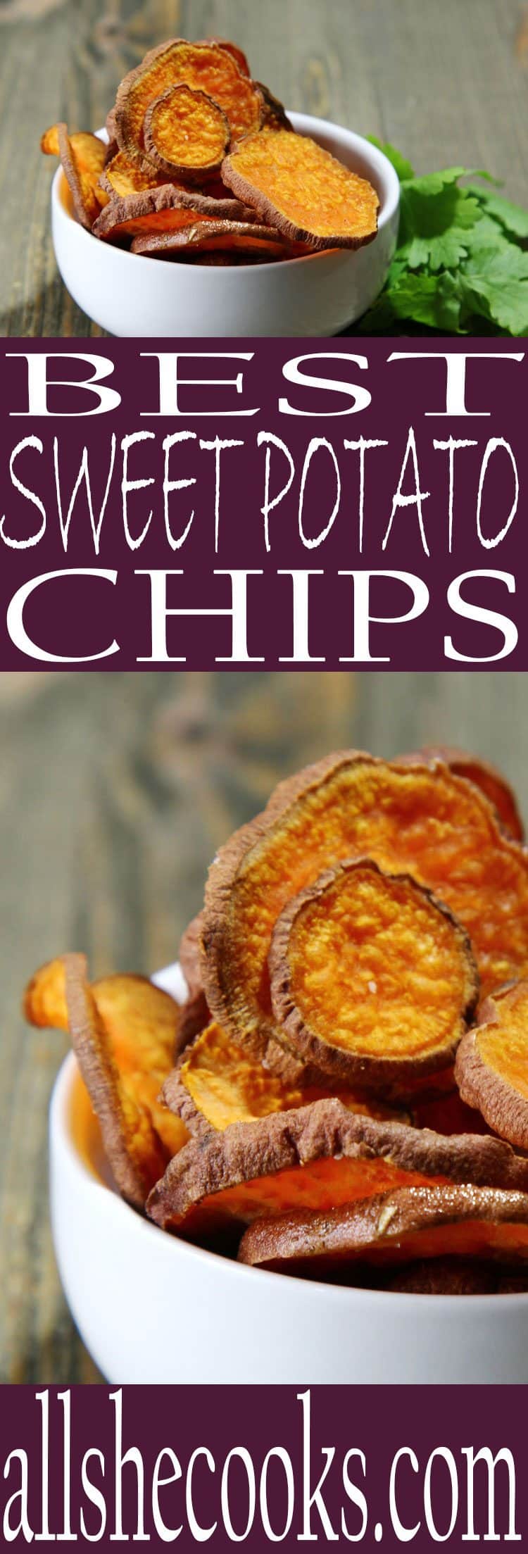Make these healthy baked sweet potato chips in the oven or your excalibur dehydrator. Best sweet potato chips recipe ever.