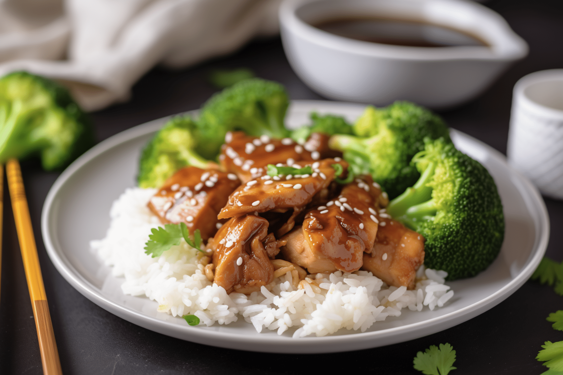plate of bourbon street chicken beings erved white white rice and broccoli