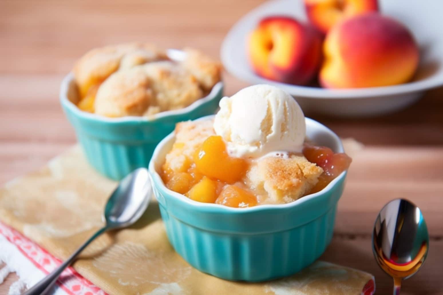 my peach cobbler being served, with fresh peaches in the background