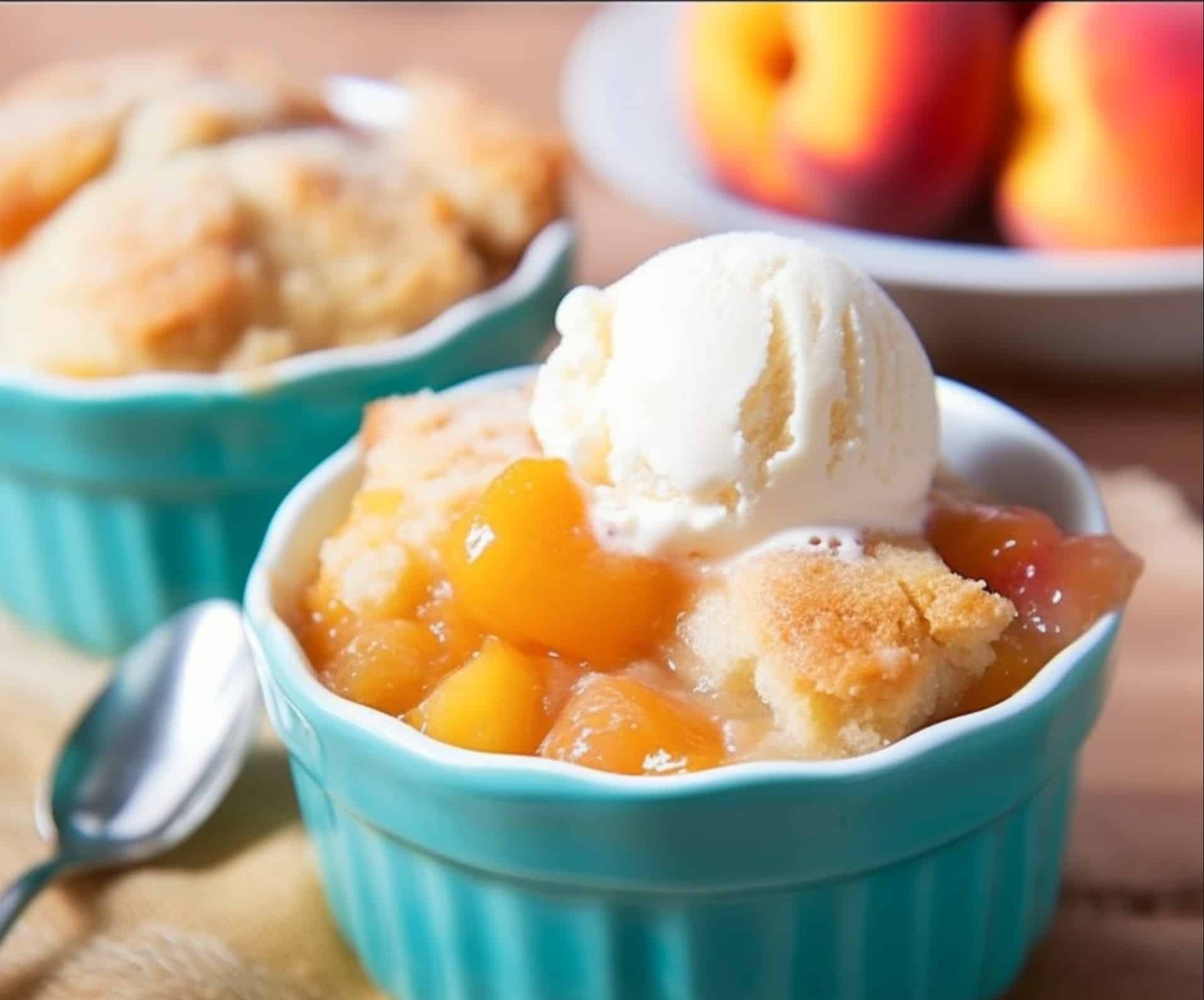 my weight watchers peach cobbler being served in a blue bowl