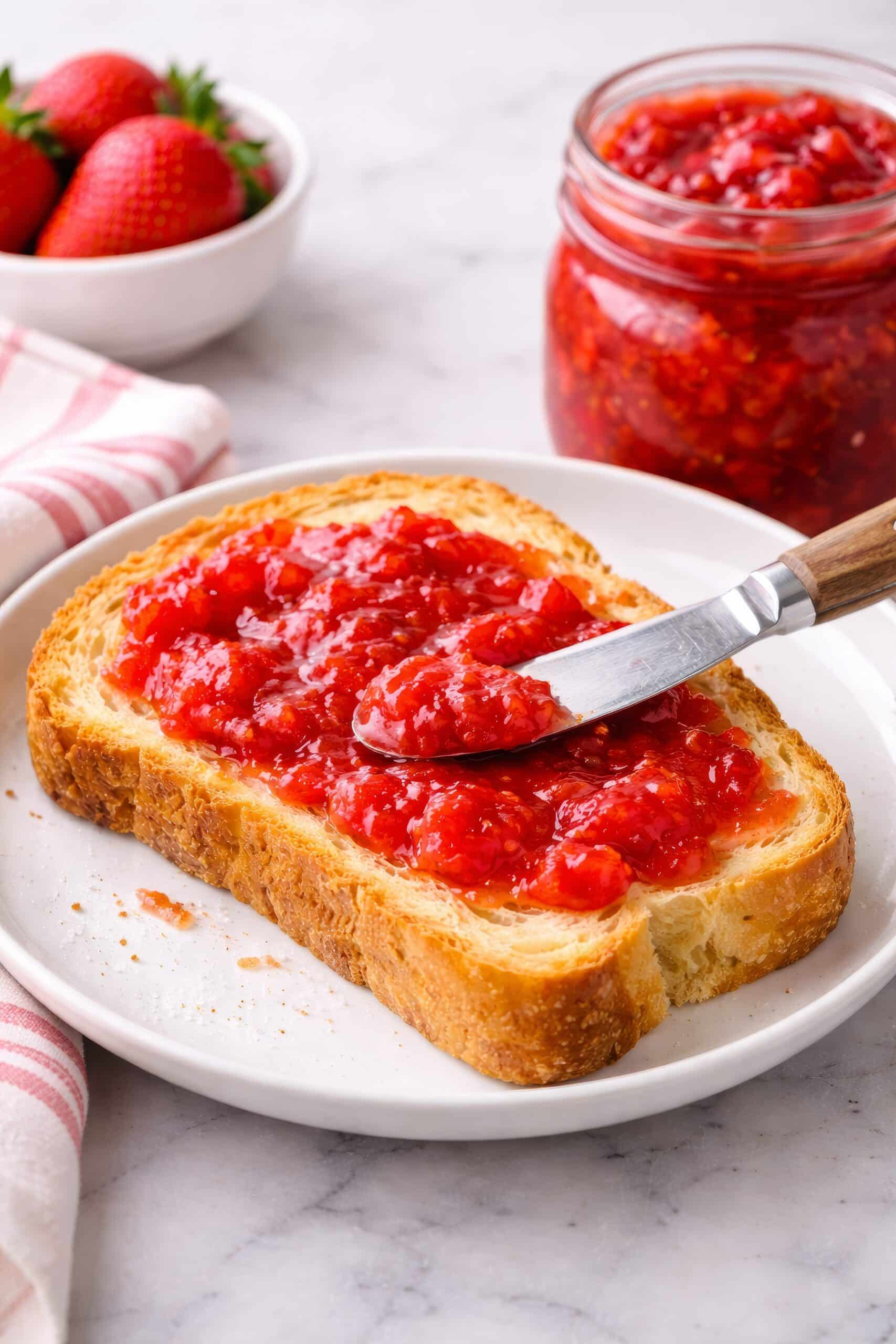 strawberry freezer jam being spread on toast