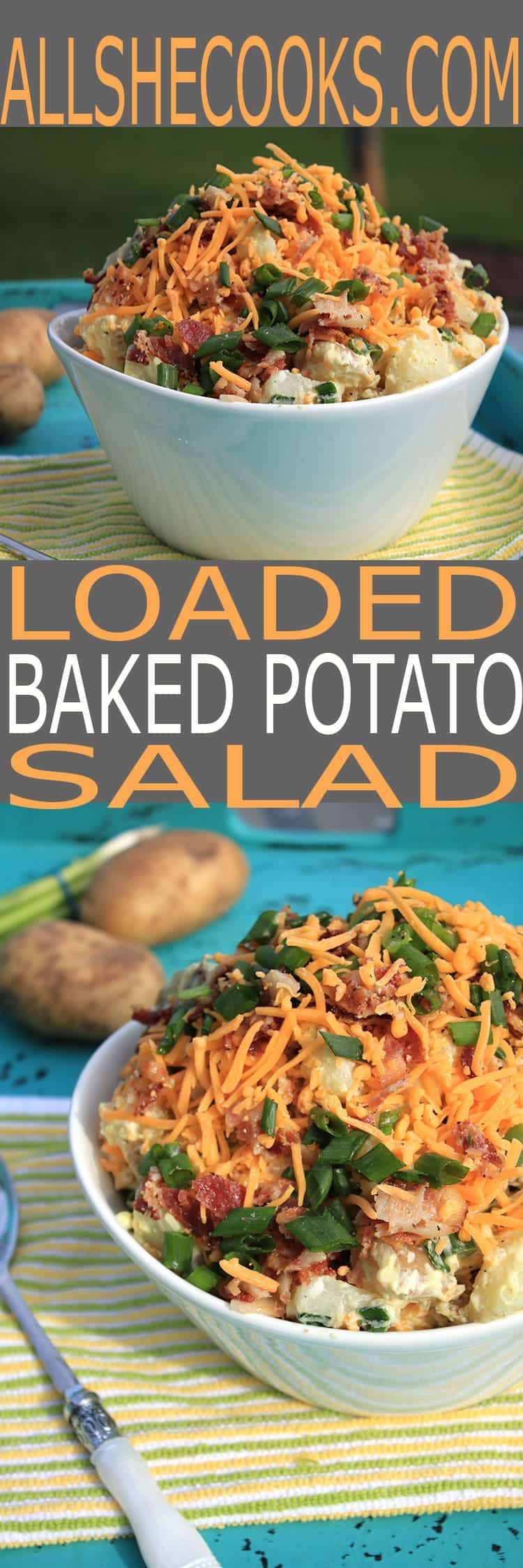 Looking for some of the best picnic side dishes? You will LOVE our Loaded Baked Potato Salad. This is the perfect side dish to bring to your next bbq. 