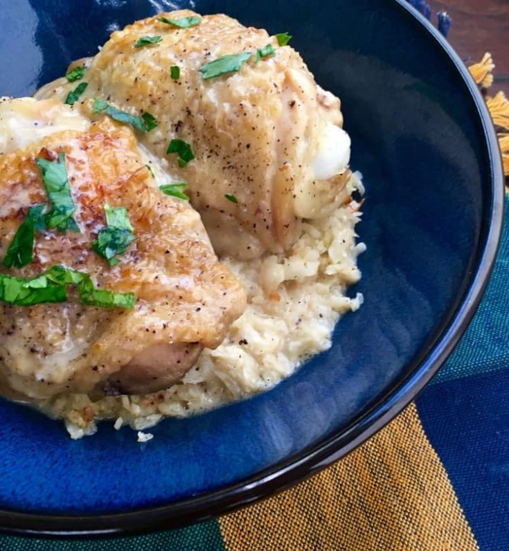 Pickle-Braised Chicken Thighs with Cauliflower “Rice”