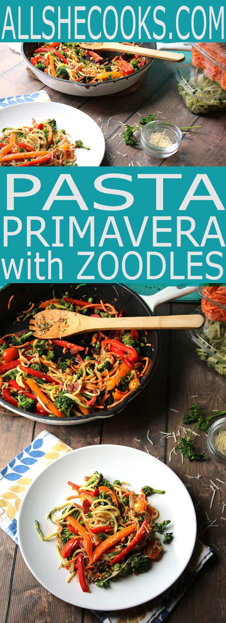 Enjoy Pasta Primavera with Zoodles, a healthy way to reduce calories and eat a gluten-free pasta dish.