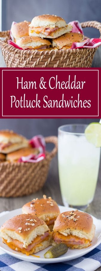 Ham & Cheddar Potluck Sandwiches pin showing a basket of sliders and a plate of sandwiches next to a glass of lemonade