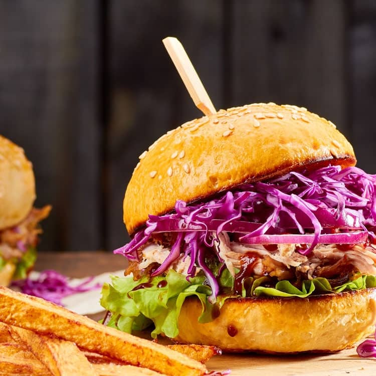 pulled chicken sandwich on bun with red cabbage slaw and french fries