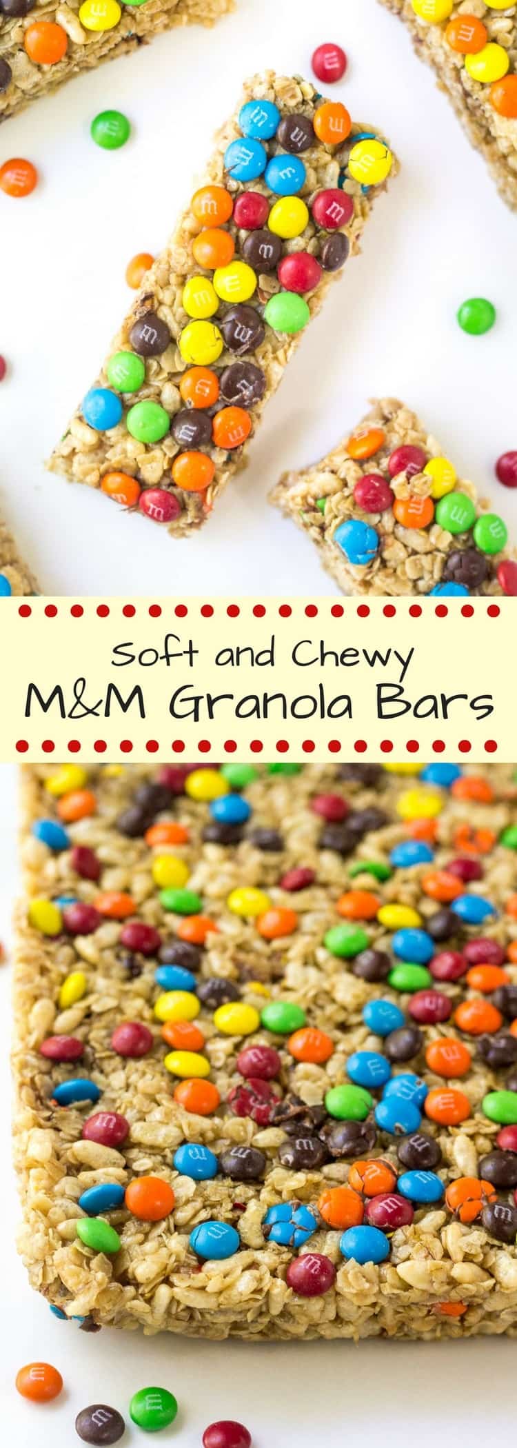 If you like simple no bake cookies, you're going to love our homemade chewy M&M granola bars are the perfect after school snack. No bake, soft & chewy, and filled with M&Ms!